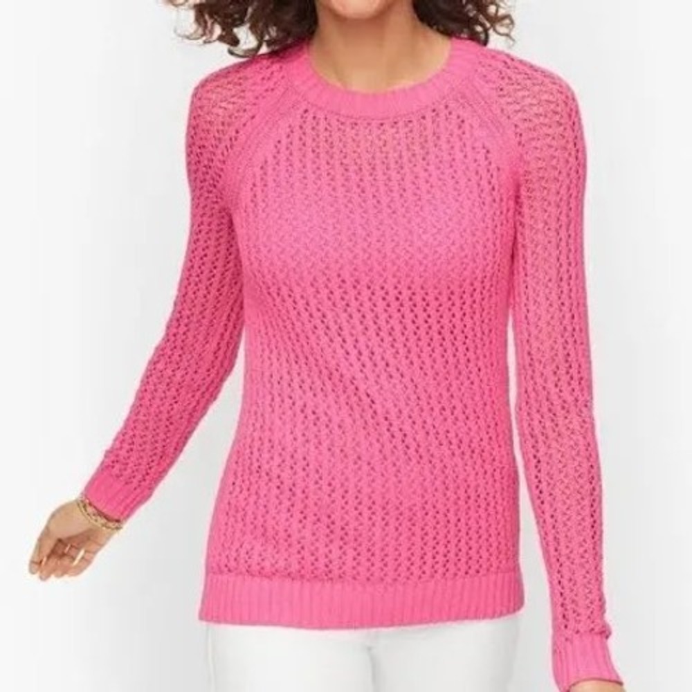 Talbots Plus Open Stitch Crew Neck Sweater Bubblegum Pink Womens 1X